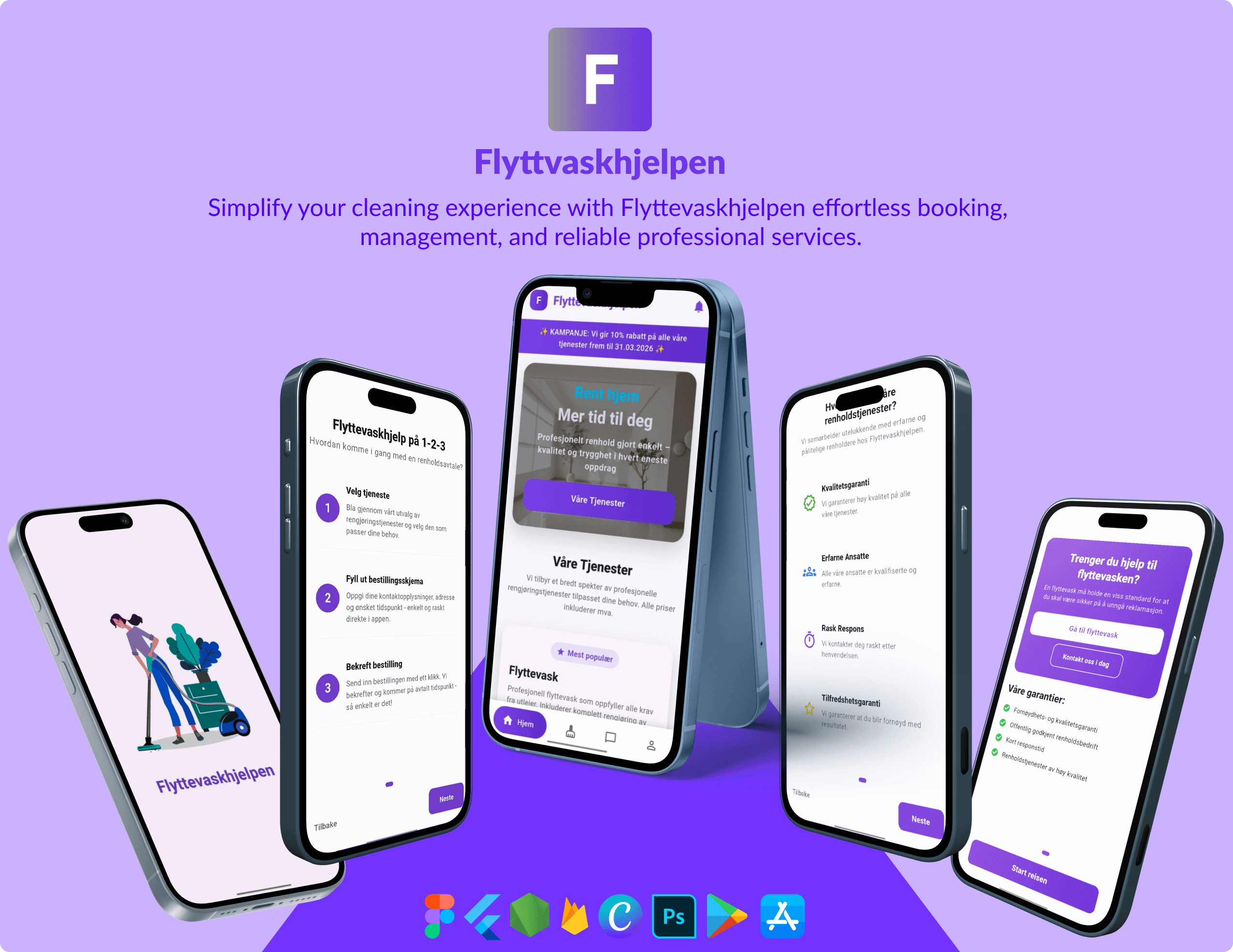 Flyttevaskhjelpen cleaning app UI on phone mockups