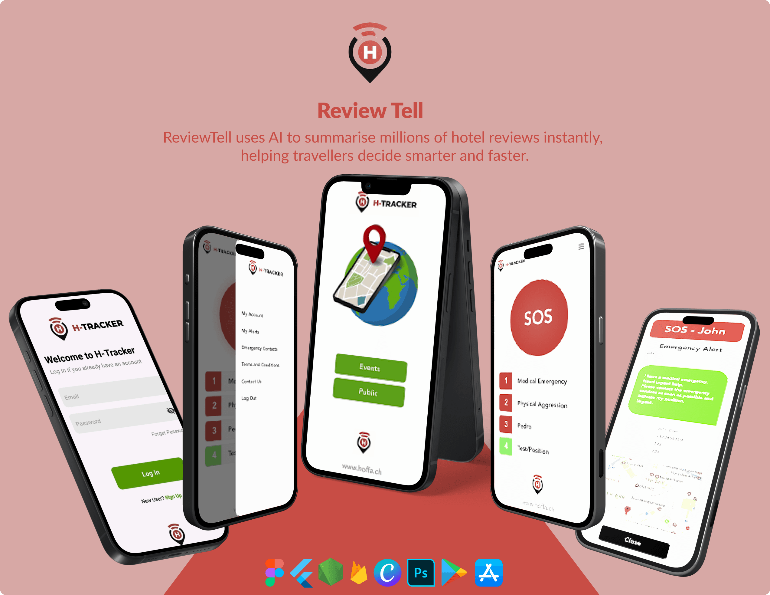 H-Tracker safety app on phone mockups